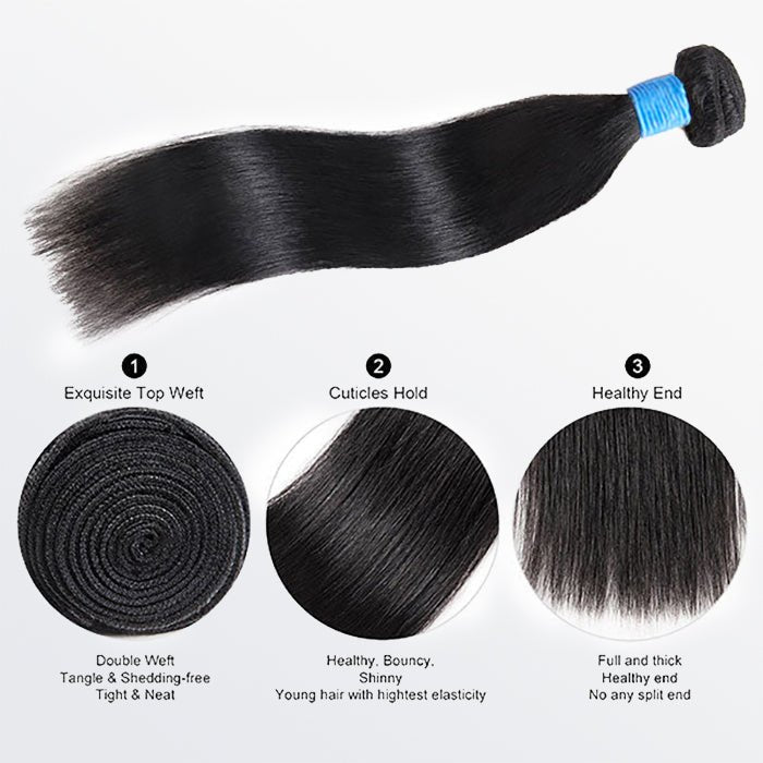 10 - 36 Inch Straight Virgin Brazilian Hair 1B Natural Black - Lordess Beauty