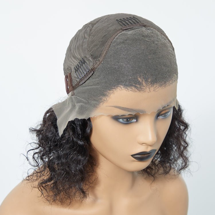 12/14 Inches 13"x4" Natural Black Water Wavy Bob 3D Transparent Lace Frontal Wig - 100% Human Hair - Lordess Beauty