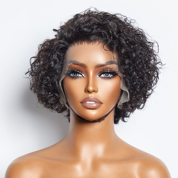8” Curly Pixie 13x4 Frontal Lace Wig with pre-bleached knots. 100% Brazilian virgin hair, 150% density