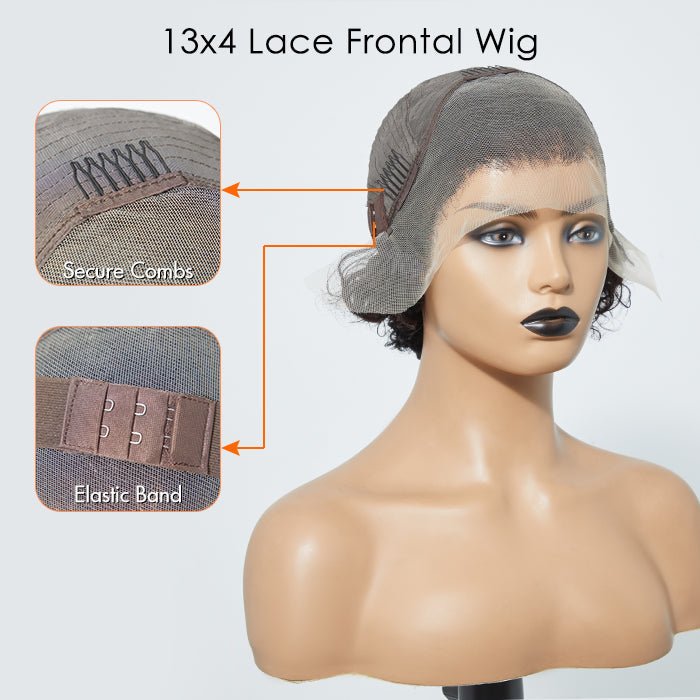 8” Curly Pixie 13x4 Frontal Lace Wig with pre-bleached knots. 100% Brazilian virgin hair, 150% density