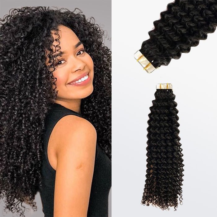 Afro - textured Kinky Curly Tape In Remy Hair Extensions 1B Natural Black - Lordess Beauty
