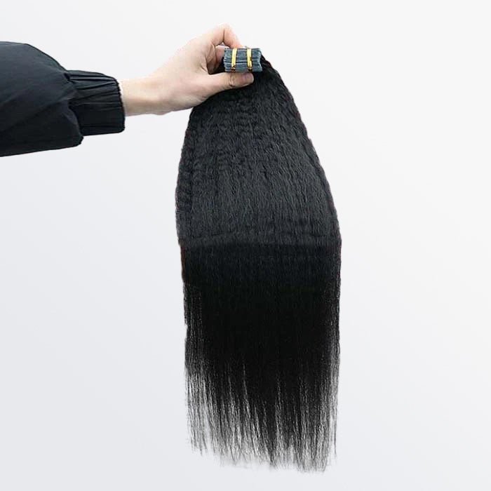 Afro - Textured Kinky Straight Tape - In Remy Hair Extensions 1B Natural Black - Lordess Beauty
