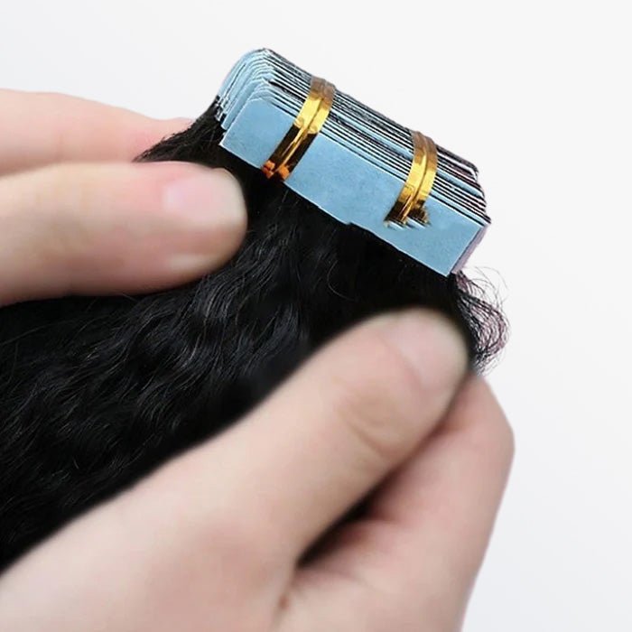 Afro - Textured Kinky Straight Tape - In Remy Hair Extensions 1B Natural Black - Lordess Beauty