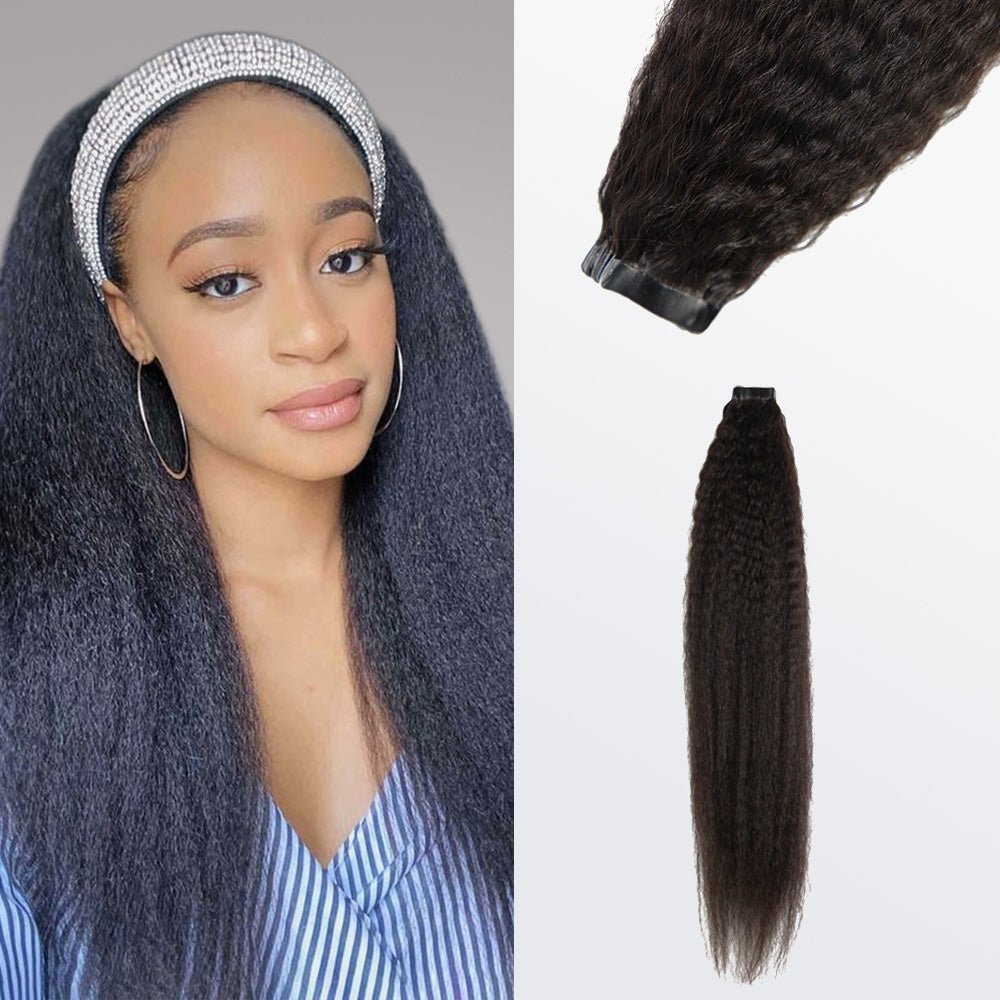 Afro - Textured Kinky Straight Tape - In Remy Hair Extensions 1B Natural Black - Lordess Beauty