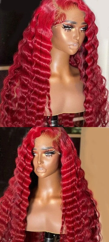 Red Deep Wave Human Hair Wig Real Headgear