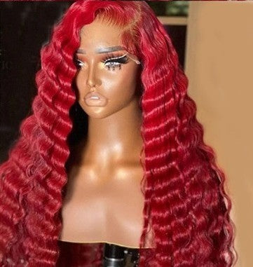 Red Deep Wave Human Hair Wig Real Headgear