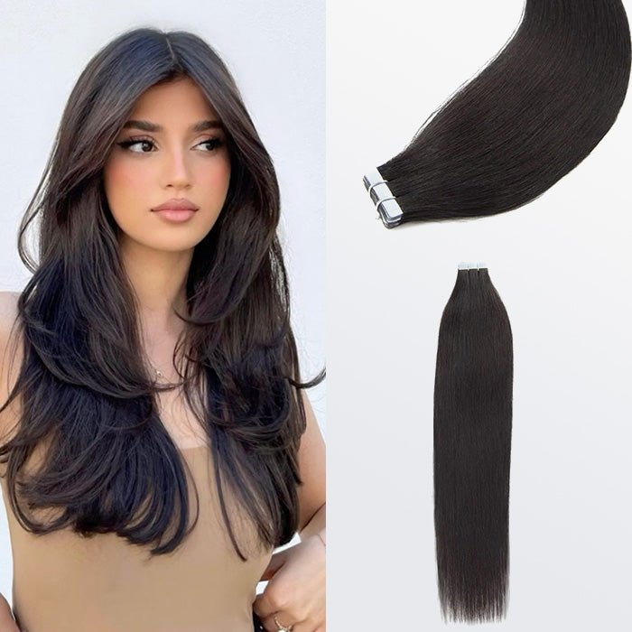 Premium Quality Straight Tape In Remy Hair Extensions 1B Natural Black - Lordess Beauty