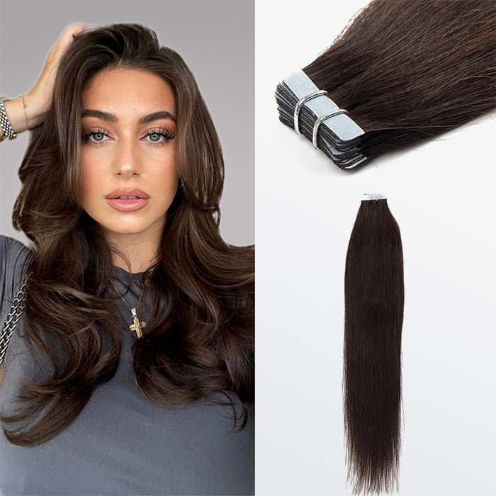 Premium Quality Straight Tape In Remy Hair Extensions 2 Darkest Brown - Lordess Beauty